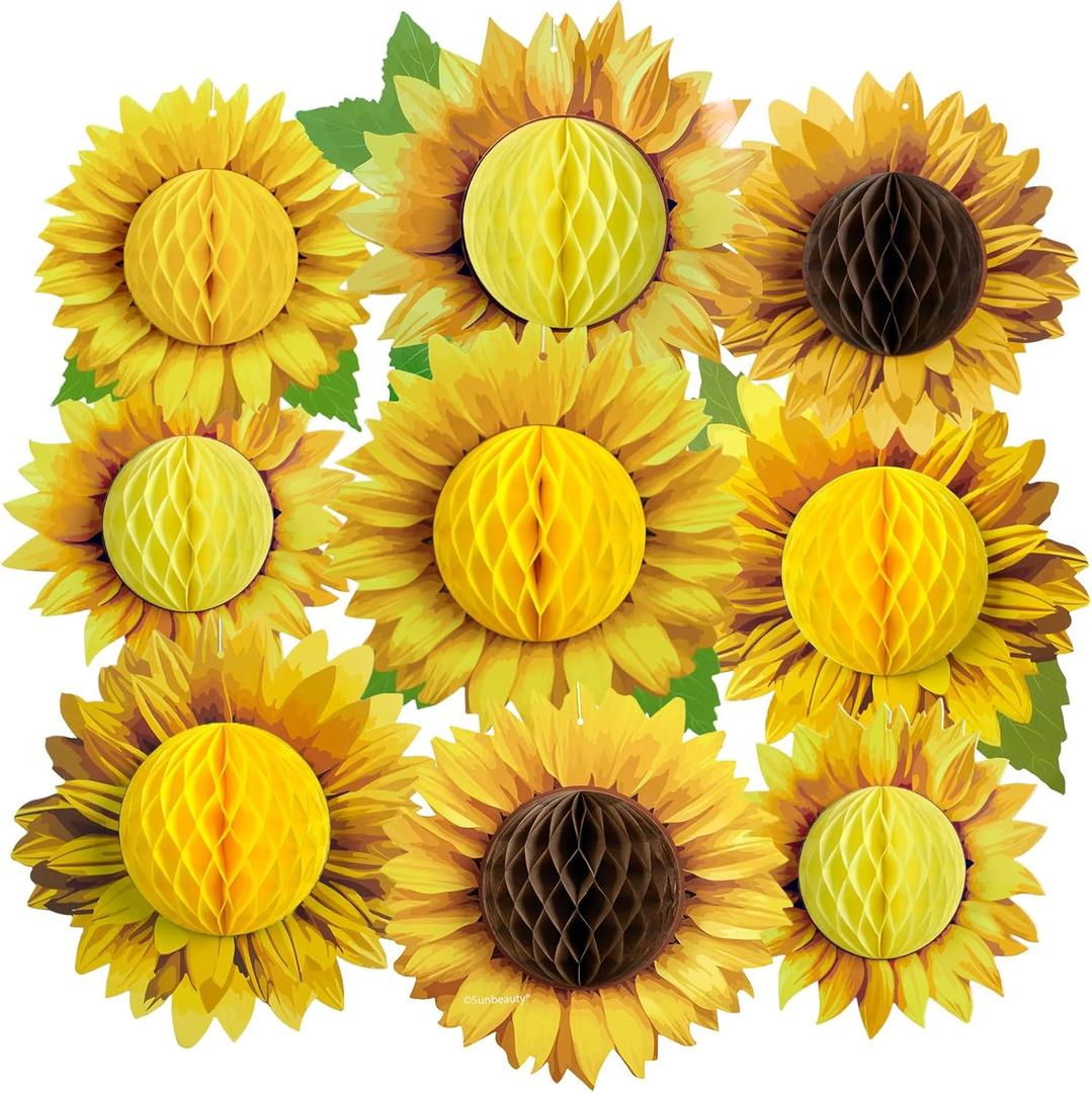 SUNBEAUTY Sunflower Party Decorations 3D Large Sunflower Birthday Honeycomb Hanging Paper Decorations Yellow Sun Flower Ceiling Wall Tissue Flowers Summer Baby Shower Classroom Bulletin Board