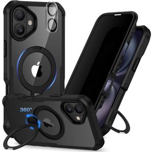 CENHUFO Privacy for iPhone 16 Case [Compatible with Magsafe] Full Body Phone Case Built-in 9H Tempered Glass Privacy Screen Protector and 360 Spin Magnetic Stand Ring, Camera Lens Cover - Black