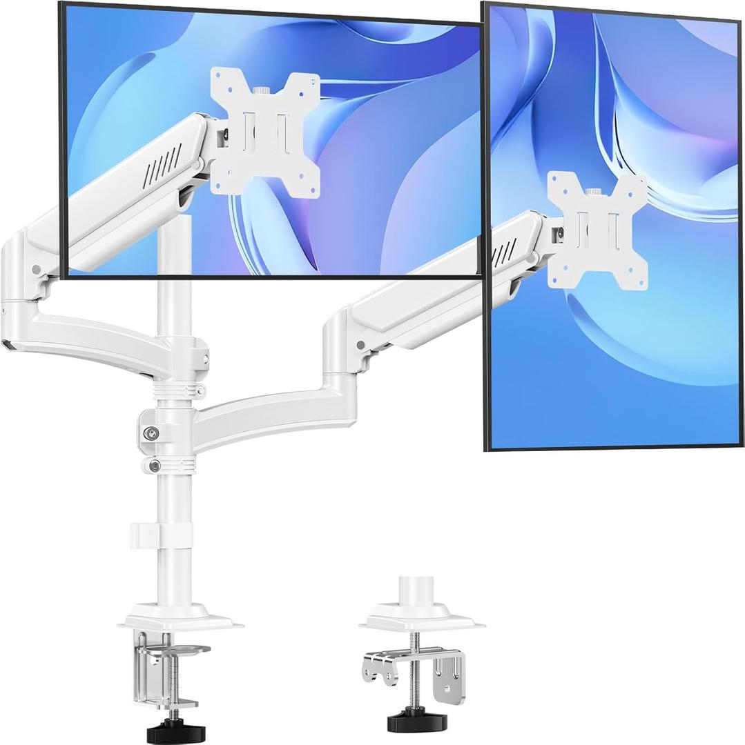 Dual Monitor Stand Holds 4.4-22 lbs Each, Dual Monitor Arm for 2 Monitors, Height Adjustable Computer Desk Mount for Max 32 inch Screens, VESA Mount with C-clamp & Grommet Base, Freelift White
