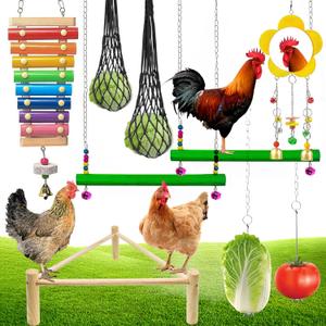 9 Pack Chicken Toys, Chicken Coop Accessories for Father's Day, with 2 Swing, 1 Wood Stand, 1 Xylophone, 1 Mirror, 2 Vegetable Net Bag, 2 Vegetable Fruits Hanging Fork