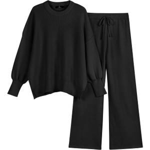 LILLUSORY Women 2 Piece Outfits Sweatsuit Oversized Knit Pullover Sweater Tops Wide Leg Pants Lounge Set (X-Large, Black)