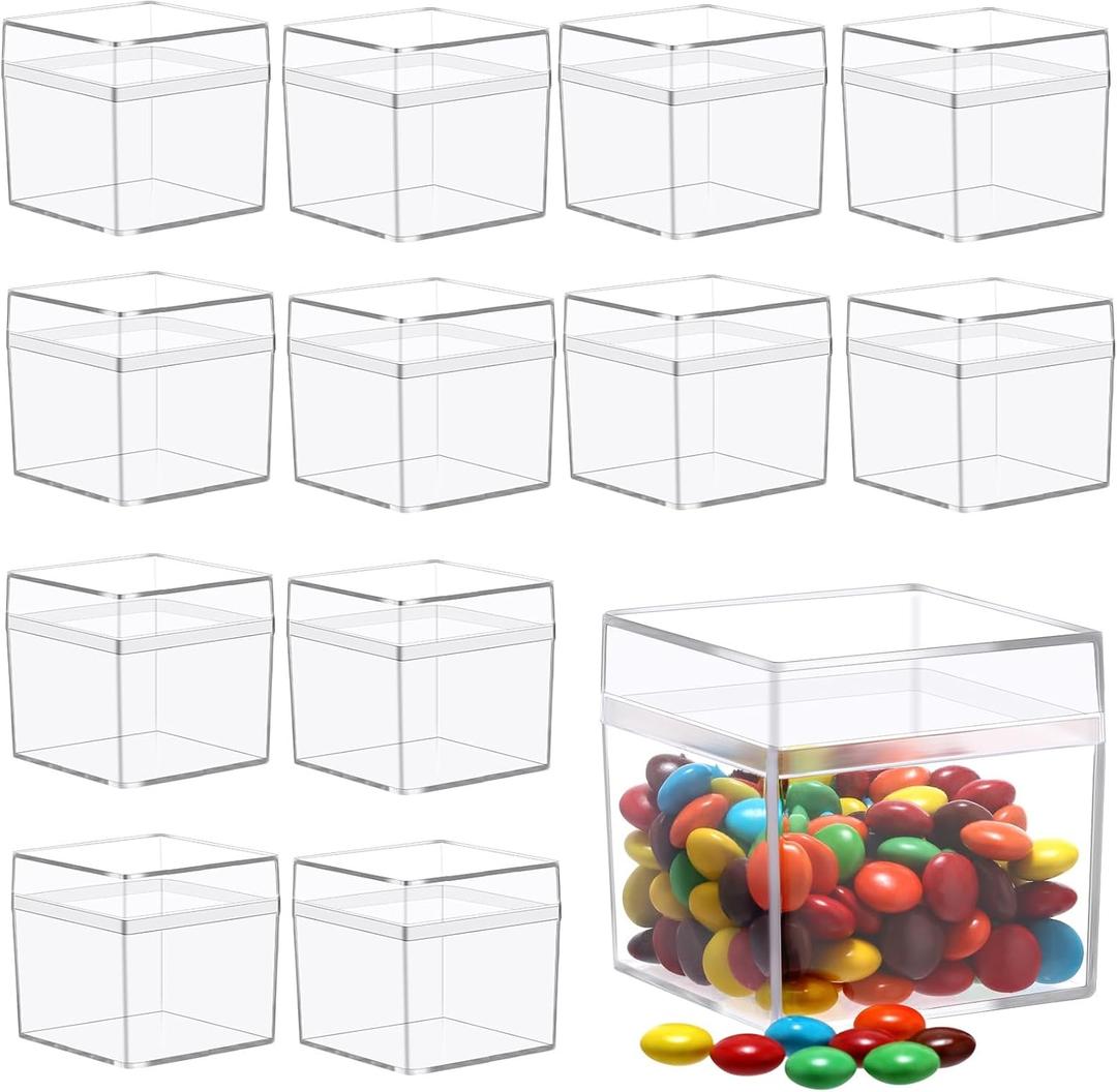 Leinuosen 50 Pcs 2 x 2 x 2 Inch Clear Acrylic Plastic Box with Lid Square Candy Containers for Party Favors Small Square Cube Storage Candy Box for Pill Tiny Earring Jewelry Herb Bead Gifts