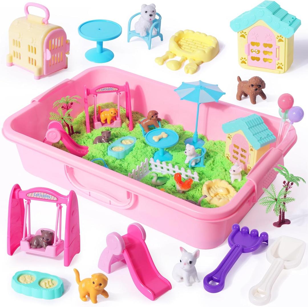 Billeeit Pet Sensory Bin Sand Toy with 2.2lbs Green Moldable Sand, Dog  Cat Play Sand Kit for Boys and Girls Including 28pcs Accessories Total, Sand Box Toys Gift for Kids 3+ Indoor Creativity
