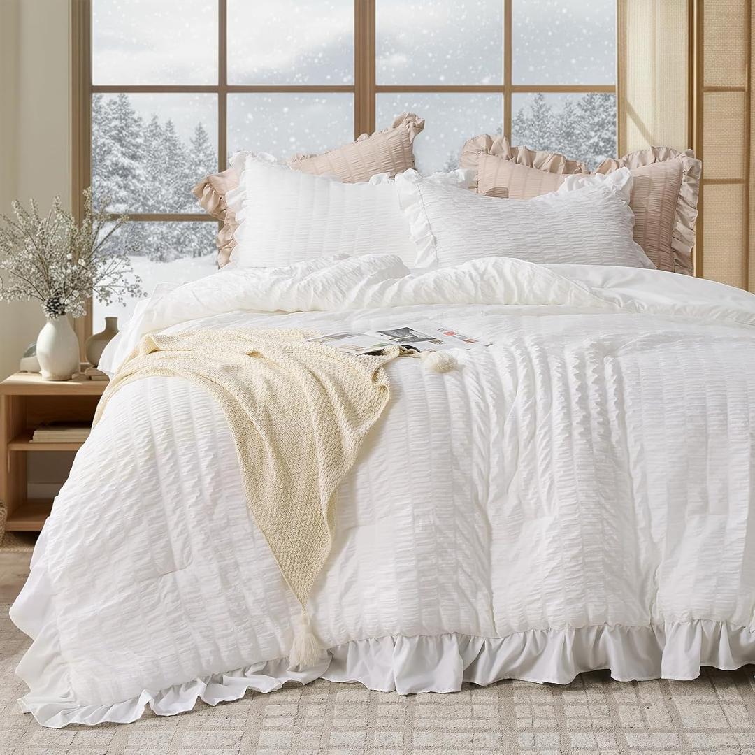 JOLLYVOGUE Queen Comforter Set, 3 Pieces White Seersucker Comforters Queen Size, Lightweight & Fluffy Bedding Sets Queen for All Season with 1 Ruffle Comforter and 2 Ruffle Pillowshams