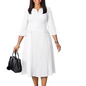 Wear to Work Midi Dress for Women Business Casual A-line Dress Elegance Church Outfits (White)
