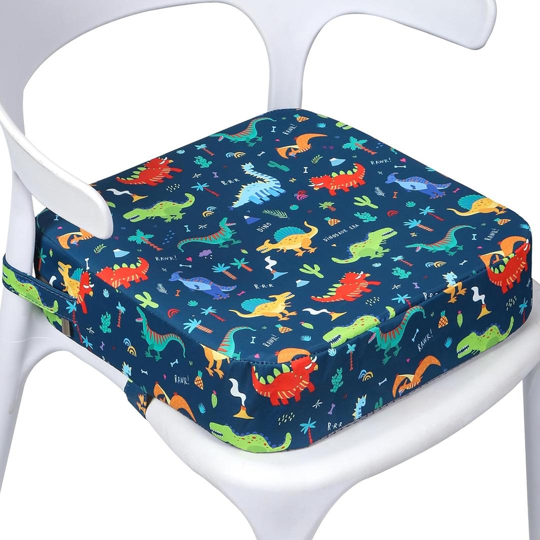 E1F1NN DOT Toddler Booster Seat for Dining Table, Portable Kids Booster Seat with Safety Buckles, High Cushion for Travel with Non-Slip Bottom (Blue Dinosaur)
