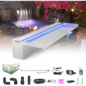 LONGRUN Pool Fountain Stainless Steel Outdoor Pond Spillway Waterfall with Wider Water Flow Platform Multi-Color LED Light Spray Indoor Waterfall Fountains for Garden-23.6" x 8" x 3.94"(W x D x H)