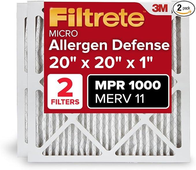 Filtrete 20x20x1 AC Furnace Air Filter, MERV 11, MPR 1000, Micro Allergen Defense, 3-Month Pleated 1-Inch Electrostatic Air Cleaning Filter, 1Pack (Actual Size 19.69 x 19.69 x 0.81 in)