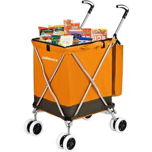 Carritos de compras para comestibles, carrito plegable con ruedas giratorias delanteras dobles de 360, impermeable, extrable, forro de lona con cubierta para lavandera, comestibles (Naranja)