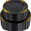 Joyido 102PCS Black and Gold Plastic Plates  Black Disposable Plates  Heavyweight Disposable Plate with Gold Rim  Fancy Dinner & Dessert Plate for 51 Guests Weddings & Party