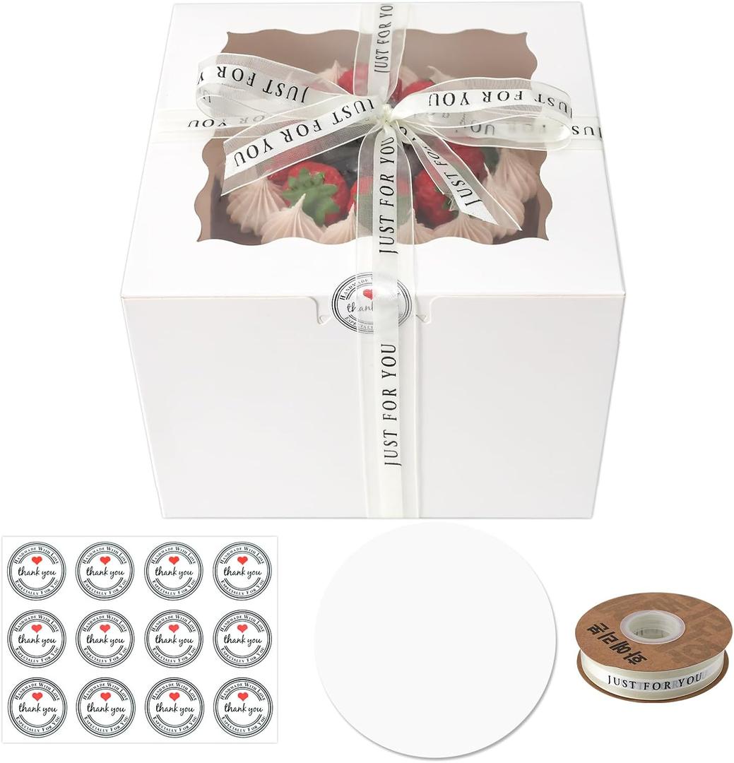 28 Sets 6x6x5 Cake Box, White Cake Box with Window 6" White Cake boxes Round Boards, 6inch Cake Containers with Lids for Easter and Mother's Day Cheesecake, Cakes(6 * 6 * 5inch/28pcs)