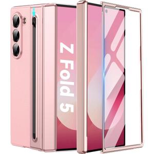 Case for Samsung Galaxy Z Fold 5 with Screen Protector ＆ Hinge Protection,Slim Fit Leather Protective Phone Cover with Writing Pen ＆S Pen Holder for Galaxy Z Fold 5,Pink