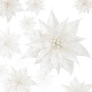 Sggvecsy 15 Pcs Christmas Glitter Flowers Christmas Tree Ornaments Shining Artificial Poinsettia Christmas Flowers Decoration with Clips for Xmas Holiday Wedding Wreath Party Floral Decorations(White)