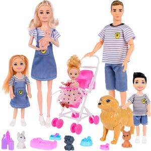 Family Dollhouse Dolls Playset with Baby Stroller - 6 People, Pets & Accessories for 3-12 Years Old | Toddler Gift with Pregnant Mom, Dad, 3 Kids, Dogs, and Interactive Play