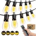 Outdoor Patio String Lights: S14 Shatterproof Bulb Outside Waterproof Light - 50FT 15M Remote Dimmable Connectable Hanging Outdoor Electric Lighting - Garden Backyard Yard Gazebo Porch Party