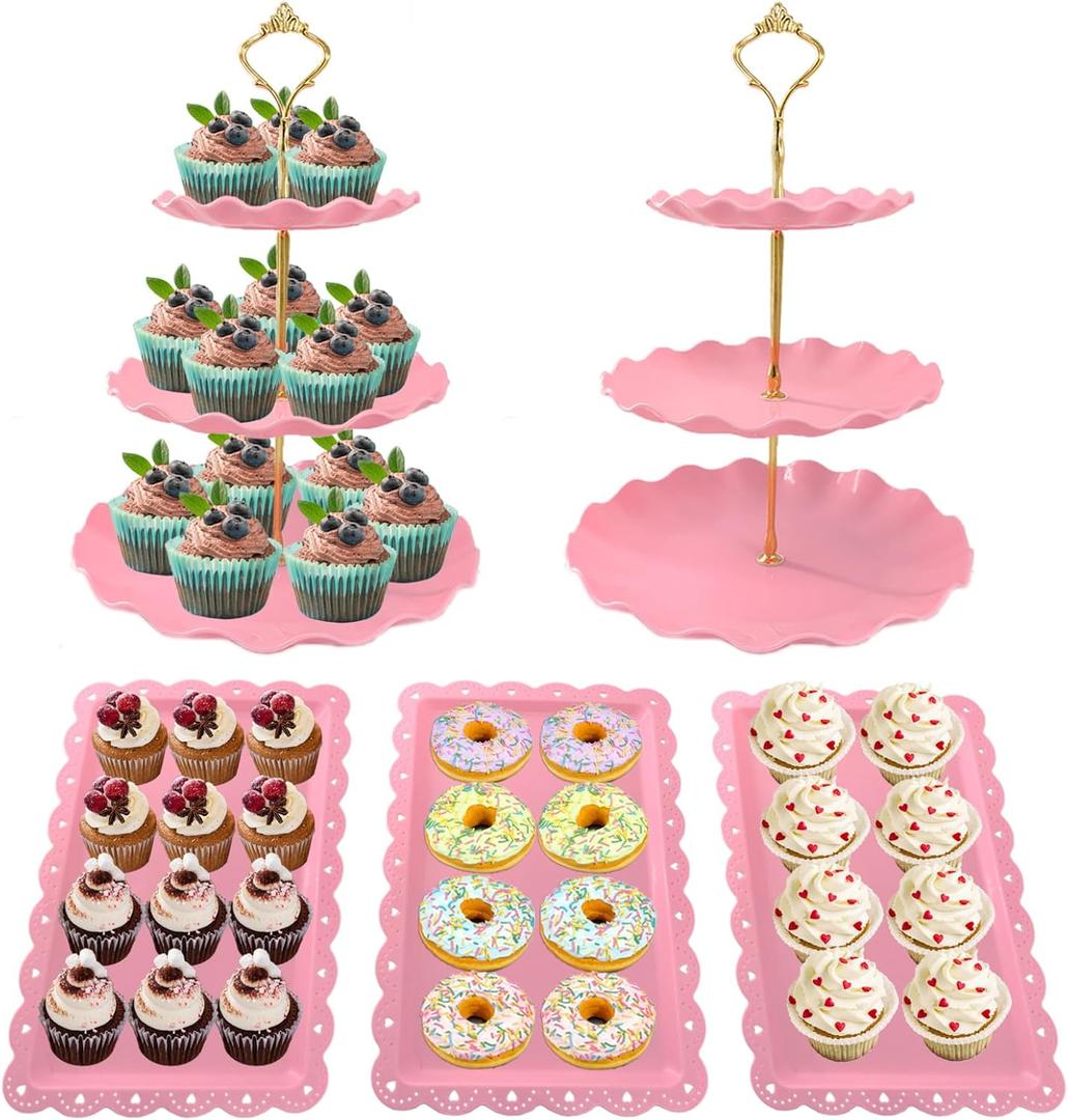5 Pcs Dessert Table Display Set, Pink Plastic 2 Pcs Round 3 Tier Cupcake Stand Cup Cake Tower Stand with Metal Rod & 3 Pcs Serving Tray for Baby Shower, Tea Party, Wedding, Birthday Party