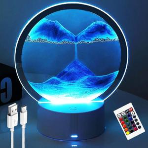 3D Moving Sand Art with Remote Control, 360 Rotating Hourglass Lights, RGB Color Changing Table Lamp,Sand Art Liquid Motion Colorful Creative Sea Glass Quicksand Painting Night Light(Blue)