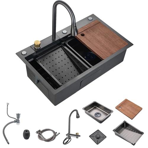 30"Kitchen Sink with Faucet Combo Waterfall Black Stainless Steel Waterfall Sink Kitchen Countertop Multi-Functional Sinks Farmhouse Undermount or Countertop Drop in