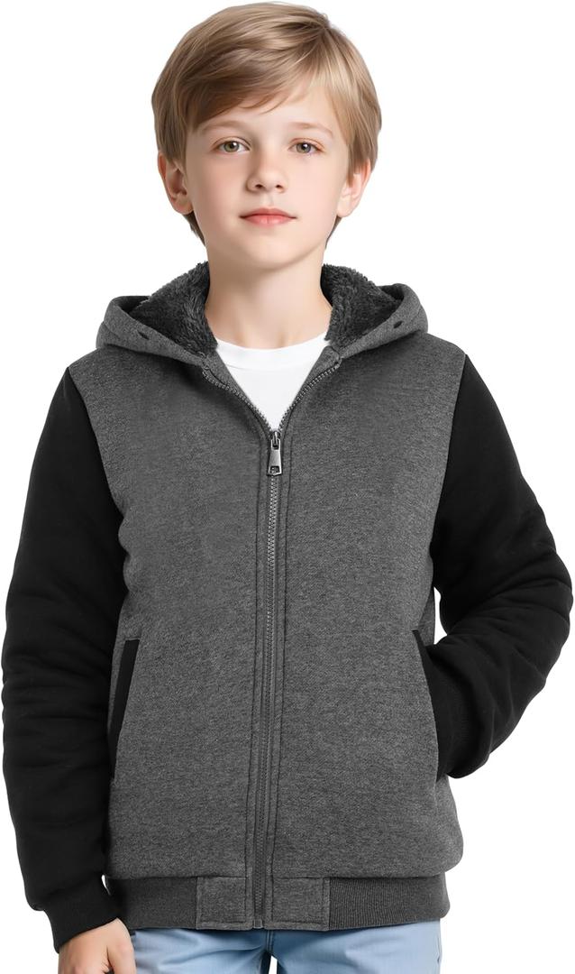 Boys Fleece Lined Jacket Kids Winter Warm Sherpa Hoodie Jacket with Pockets Full Zip Winter Outdoor Coat (8-9 Years, Dark Gray+black)