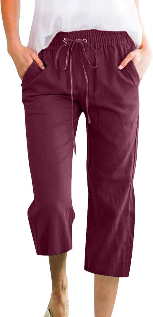 WROLEM Capris Pants for Women Cotton Casual Summer Straight Wide Leg Loose Drawstring Elastic Waist Cropped Trouser (S)