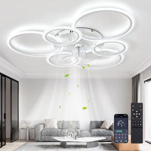 Ceiling Fans with Lights and Remote,39.9in Modern Low Profile Ceiling Fan with Light Dimmable LED 85W,6800LM Ceiling Fan,Mute 6 Speeds Flush Mount Ceiling Fans for Bedroom Livingroom, White, 100cm/A