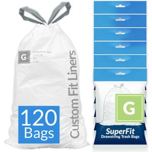 Reli. SuperFit Code G (120 Count) | Compatible with Simplehuman Code G | Dispenser Pack Custom Fit Liners | Drawstring Trash Bags | 30 Liter / 8 Gallon | White