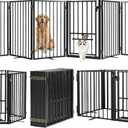 Metal Freestanding Dog Gate with Cat Door for Outdoor & Indoor,160" Extra Wide Foldable Pet Fence,30" Tall Dog Gate for RV Camping,Stairs,Hallways,Doorways,Deck,Yard,with 7PCS Support(8 Panels,Black)