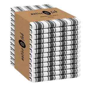Native Fab 100% Cotton Striped Kitchen Towels - Set of 12-16"x26"- Basket Weave Stripe Dish Towels for Quick Drying, Absorbent Kitchen Wash Cloths Set with Hanging Loop - Black