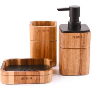 Bathroom Accessory Set Acacia Wood 3 Pieces Includes Bathroom Soap Dispenser, Bathroom Tumbler, Soap Dish Accessories for Bathroom Decor and House Warming Gift