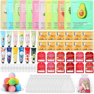 84 Pcs Spa Party Supplies Facial Masks Eye Patches Hand Cream Lip Balm Foot Bath Bombs Compressed Towel Organza Bags Spa Party Favors Sleepover Kit Birthday for Most Skin Type