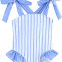 Girl Bathing Suits Adjustable Straps Swimwear Ruffled One Piece Swimsuit Girls with Sun Protection 4-5T Blue Stripe (Blue, S)