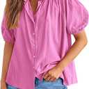 PRETTYGARDEN Women's 2026 Summer Button Down Shirts Short Lantern Sleeve V Neck Cotton Cute Tops Dressy Casual Blouses (M)
