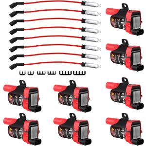 8-Pack UF262 Round Ignition Coils & 748UU Spark Plug Wires Set - Compatible with Chevy Silverado/GMC Sierra 4.8L 5.3L 6.0L V8 (1999-2007) Replaces 12573190, 12622553, 610-02839 D585
