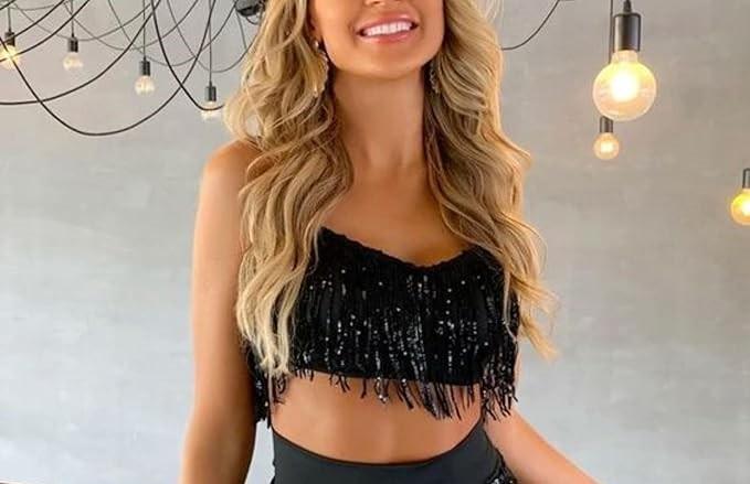 Women's Sequin Shiny Glitter Crop Top Metallic Fringe Tassel T-Shirt for Rave Dance Birthday Party Night Out S