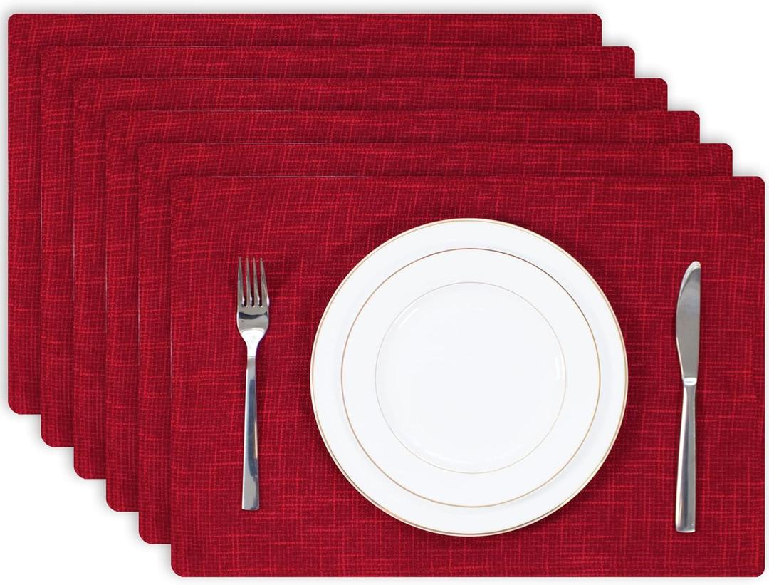 Kevin Textile Christmas Burlap Linen Placemats Set of 6 Heat Resistant Dining Table Place Mats Washable Kitchen Table Mats for Dinning Party Holiday Indoor Outdoor, 13 x19 inches, Burgundy