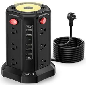 Surge Protector Power Strip Tower with 5 USB Ports and Night Light, 10FT Extension Cord with 12 AC Multiple Outlets, PASSUS Power Tower, Overload Protection for Home Office Dorm Room (Black)