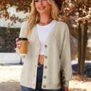 Womens V Neck Cardigan Sweaters Trendy Long Sleeve Button Up Business Casual Fall Sweater Tops 2026 (Beige, M)