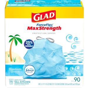 Glad Tall Kitchen Trash Bags 13 Gallon, Max Strength Beachside Breeze Garbage Bags, Drawstring, 90 Count