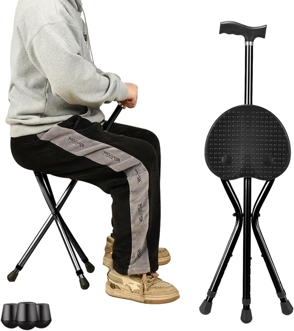 Cane with Seat, Folding Walking Cane Chair with LED Light, Height Adjustable Lightweight Aluminum Walking Stick with Seat, Portable Seat for Seniors & Adults