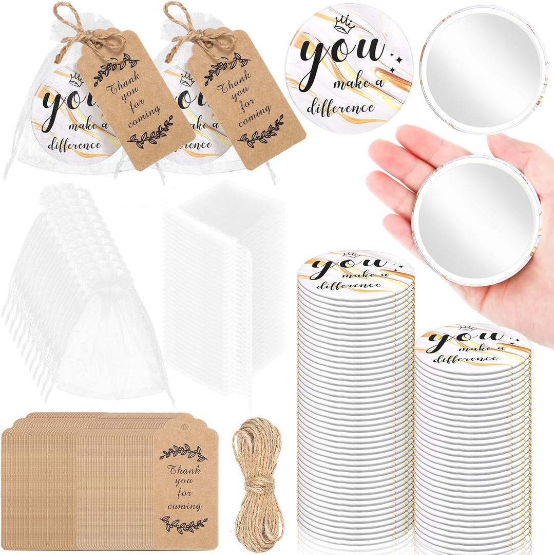 Tradder 50 Sets Compact Mirrors Bulk Women Gifts Inspirational Appreciation Employee Quinceanera Gifts Small Purse Pocket Makeup Mirrors for Mother's Day Coworker Nurse Bridal Souvenir Bag(White Gold)