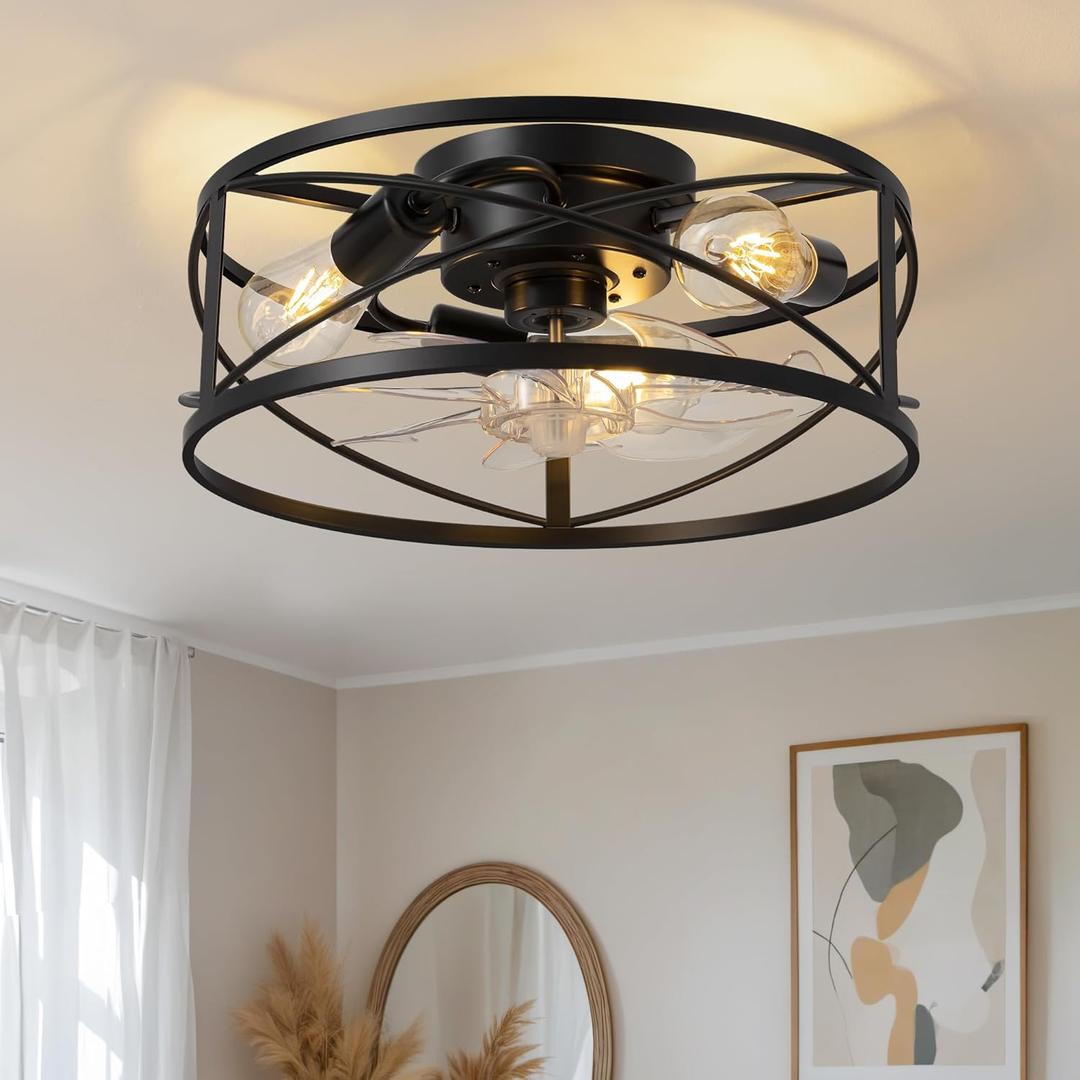 KDG 15.8 Retro Low Profile LED Ceiling Fans with Light, Reversible Ceiling Fans Flush Mount with Remote and 6 Speeds, E26 Base Buld for Bedroom, Dinning Room, Kids Room, Kitchen