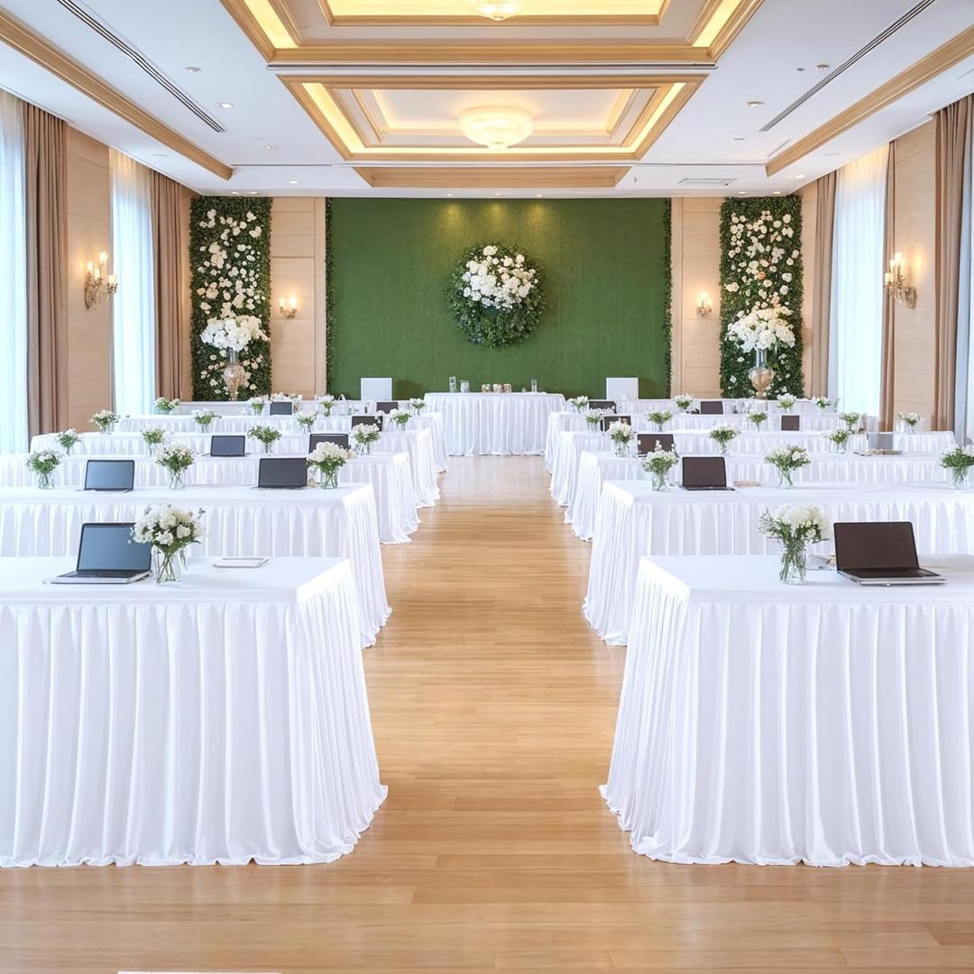 PARTISKY White Polyester Table Skirt for Rectangle Tables 17f, Wrinkle Resistant Pleated Ruffle Table Cloth for Birthday Party Banquet Wedding Baby Shower