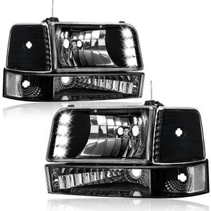 Pair Headlights for 1992-1996 Ford F150 F250 F350 Bronco Replacements w/LED Running Light Bar Clear Reflector Black Housing