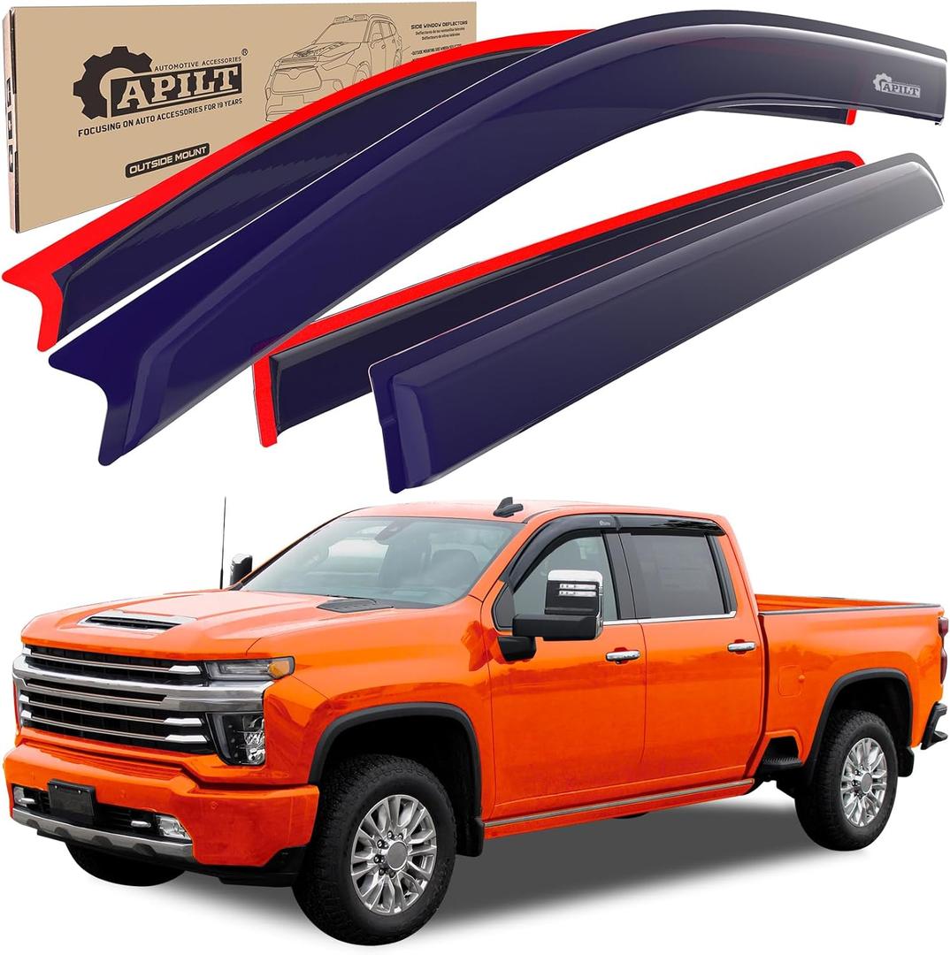 Outside-Mount Rain Guards Window Visors for 2019-2025 Silverado &GMC Sierra 1500,2020-2025 Silverado & GMC 2500HD-3500HD Crew Cab Truck Accessories Dark Smoke 4pcs Set with Thicker