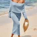 Saodimallsu Womens Off Shoulder Summer Maxi Dress Bell Long Sleeve Sexy Bodycon Strapless Sheer Beach Swimsuit Coverup (Blue)