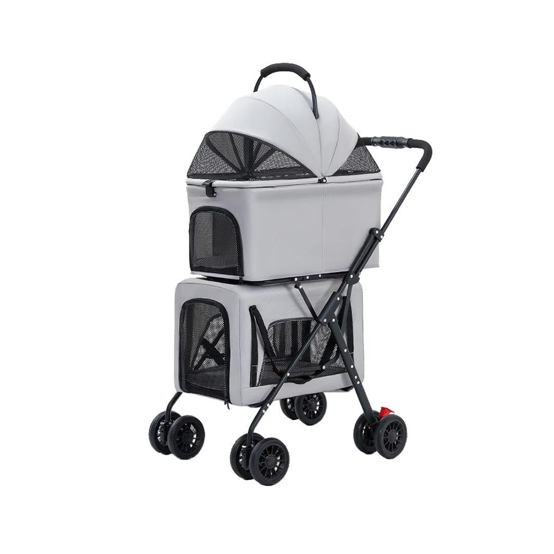 2-Tier Pet Stroller with Detachable Carrier, Foldable Lightweight Pet Bag for Puppy Kitten, Foldable Travel Stroller for Small Dogs Cats Outdoor Use(Gray)