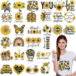 30 Pcs Sunflower Iron on Transfers Cute Patches Flower Appliques for T Shirts Spring Iron on Decals Heat Transfer Sticker for Clothes Bag Pillow Covers DIY Decorations