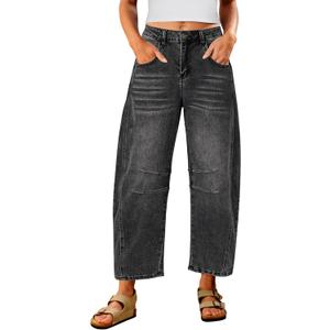 Utyful Barrel Jeans Women Cropped Baggy Trendy High Waisted Distressed Loose Stretch Denim Trouser Jeans with Pockets (Size Medium, Faded Black)
