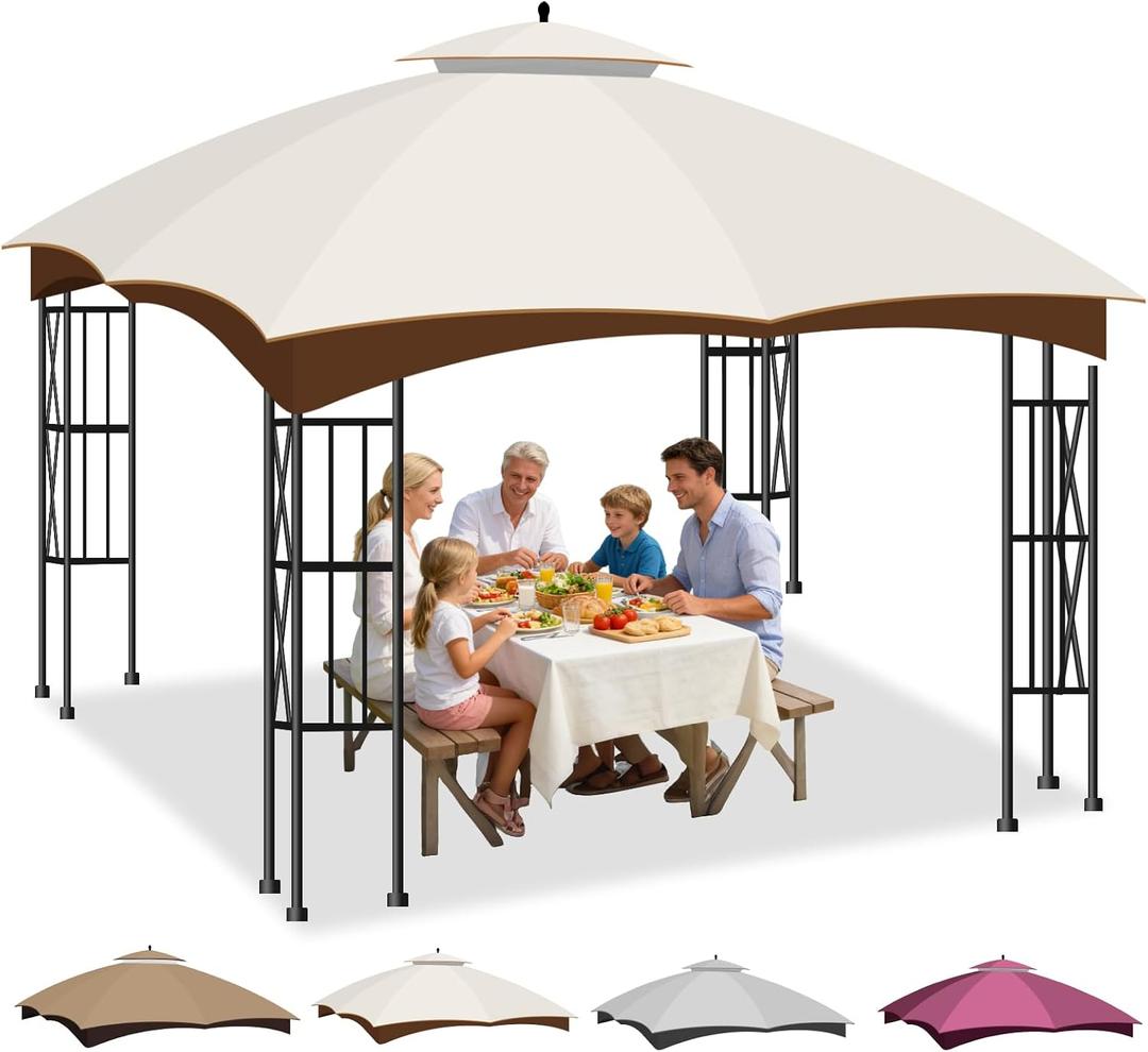 10x12 Double Tiered Gazebo Replacement Canopy for Lowe's Allen Roth, Upgraded 300D Polyester Heavy Duty Canopy Cover Top with Air Vent, Waterproof Gazebo Cover Roof for Outdoor Patio Garden(Beige)