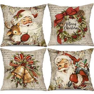 DFXSZ Christmas Pillow Covers 18x18 inch Set of 4 Santa Claus Reindeer Decorative Vintage Throw Pillow Covers Winter Retro Farmhouse Decoration for Home Couch BTHZ-140B18 (Multicolor)